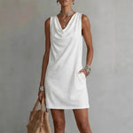Draped Neck Sleeveless Vacation Mini Dress - white