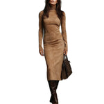 Turtleneck Long-sleeved Midi Dress - khaki