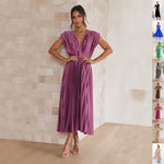 V-neck Pleated Midi Dress