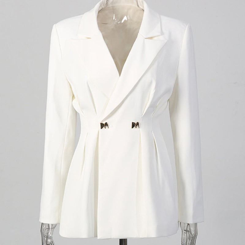 Solid-color Long-sleeve Fitted Blazer & High-waisted Straight-leg Trousers Set