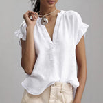 Casual V-Neck Cotton-Linen Blouse - white
