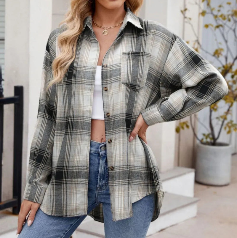 Plaid Collared Neck Long Sleeve Shirt - runwayfashionista.com