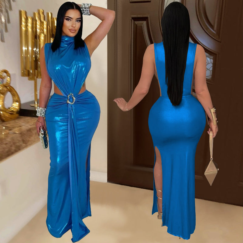 This sleek high-neck midi dress commands attention with its bold, sleeveless design—perfect for making a daring statement.