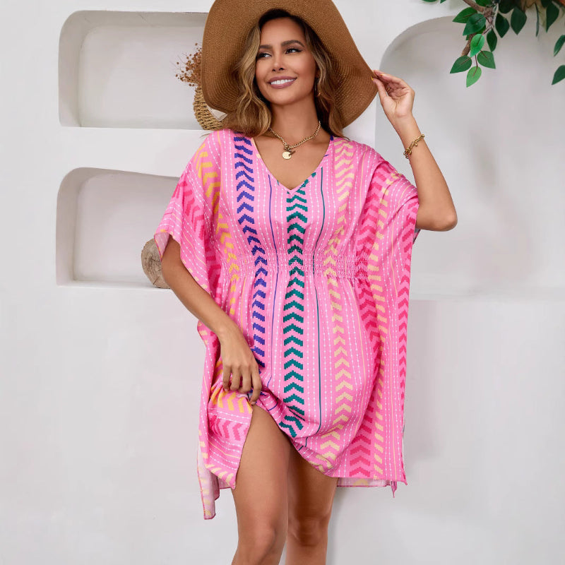 Bohemian Vacation Style Printed Sweet Mini Dress - Pink