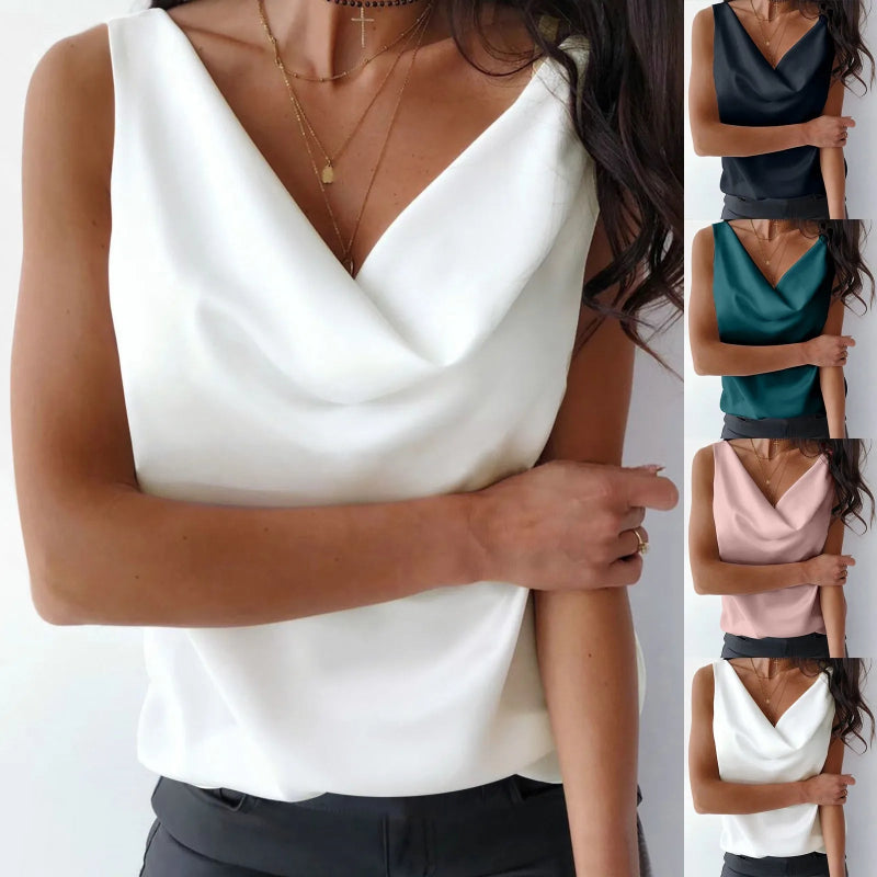 Cowl Neck Casual Sleeveless Camisole Tanks - white