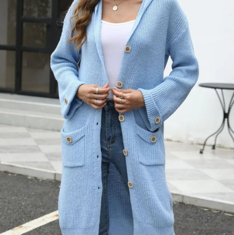 Pocketed Button Up Long Sleeve Hooded Cardigan - runwayfashonista.com