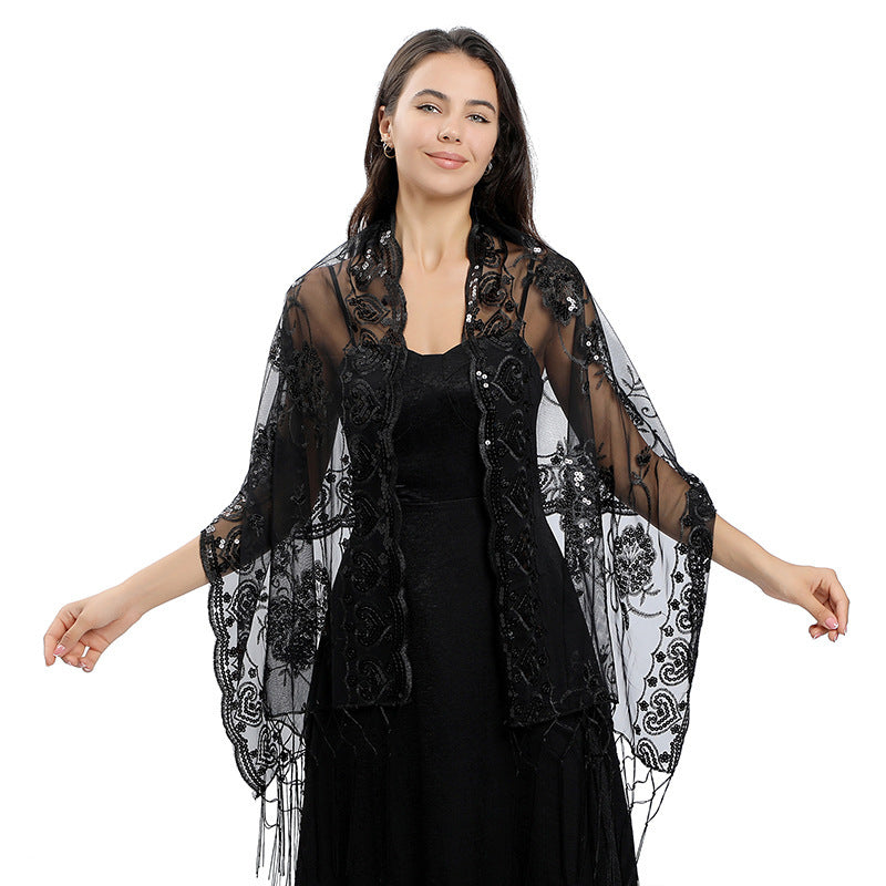 Flower Sequin Embroidered Long Fringe Shawl