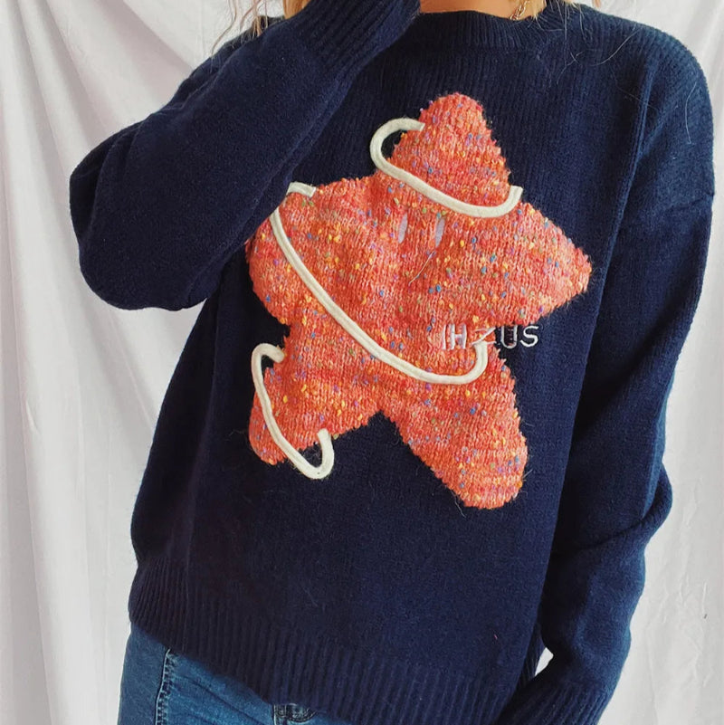 Contrast Star Round Neck Long Sleeve Sweater - runwayfashionista.com