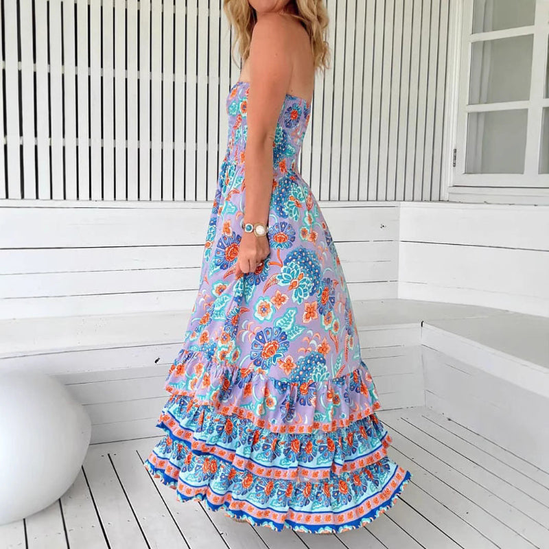 Multi-layer Ruffle Tiered Strapless Maxi Dress - violet
