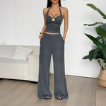 Halter Neck Camisole and Solid Color Straight Leg Pants Set