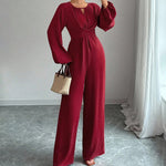 Square Neck Puffed Sleeve Jumpsuit - Red