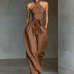 Linen Cross-Strap Wide-Leg Jumpsuit - brown