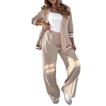 2 Pcs Set Long Sleeves Jacket Wide Leg High Waist Trousers Outfit -beige