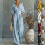 Short-Sleeved Jumpsuit - light blue