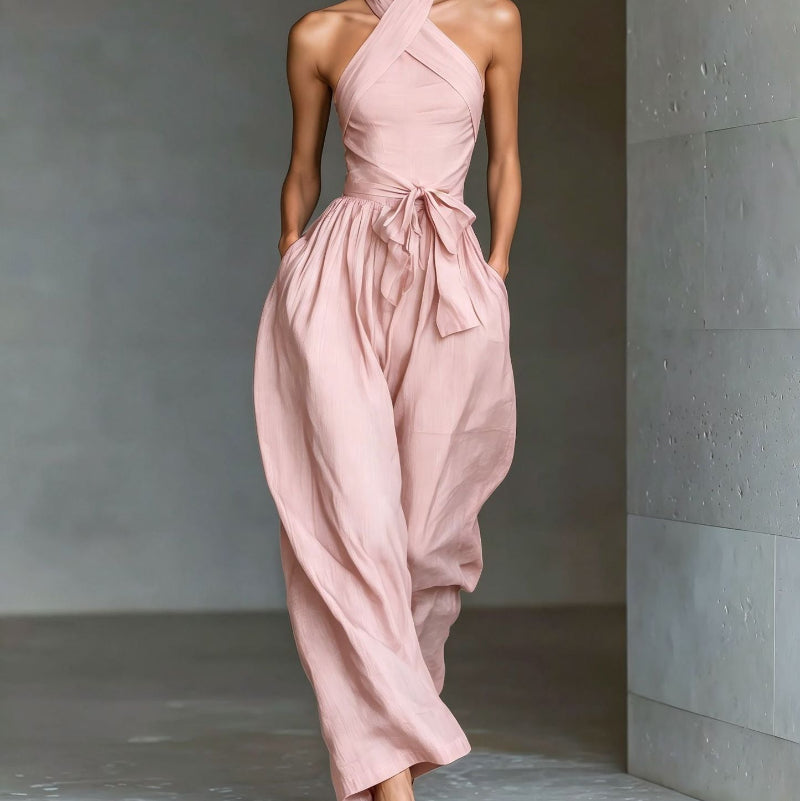 Linen Cross-Strap Wide-Leg Jumpsuit - pink