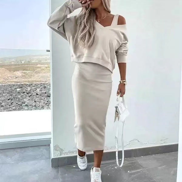 V-neck Pullover Sweatshirt And Sleeveless Dress Set - white