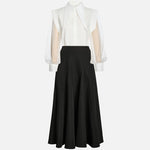 Black & White Oversized Shoulder Shirt & High-Waisted Maxi Skirt Set