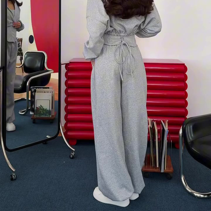 Grey Three-Piece Set With Hooded Jacket, Corset Top And Wide-Leg Pants