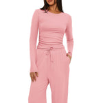 2 Pieces Long Sleeve Tops High Waisted Wide Leg Pants - pink