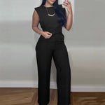 Round Neck Vest Top And Pocket Straight Pants Set - black