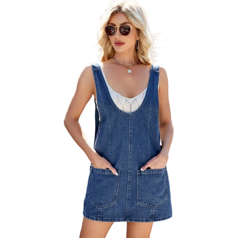 Blue Denim Pinafore Mini Dress with Pockets