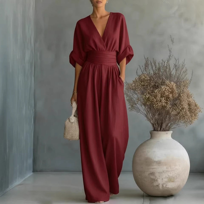Short-Sleeved Jumpsuit - wine red