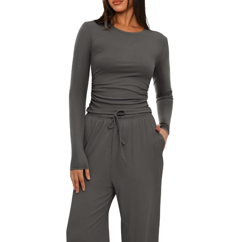 2 Pieces Long Sleeve Tops High Waisted Wide Leg Pants - grey