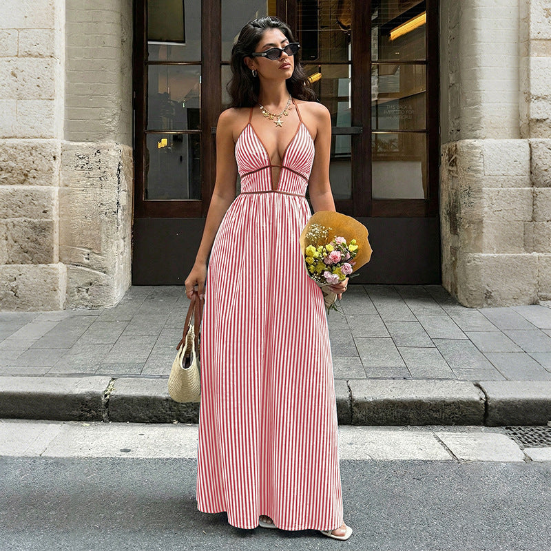 Deep V-neck Striped Maxi Dress - red