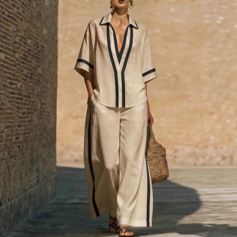 Short Sleeve Top And Wide Leg Pants Two Piece Set - beige
