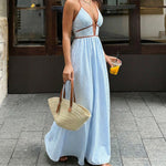 Deep V-neck Striped Maxi Dress - blue