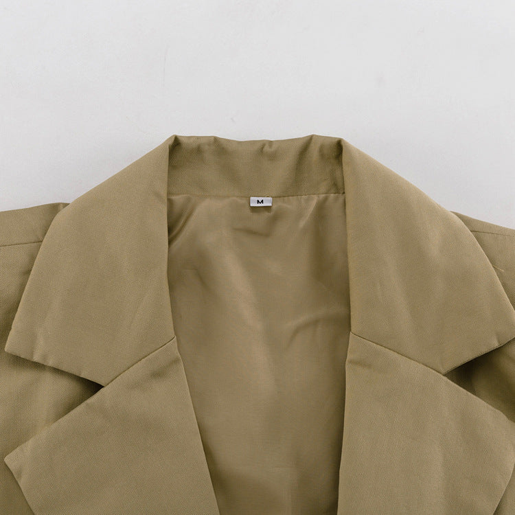 Khaki Oversized Sleeveless Peak-Lapel Exaggerated-Shoulder Asymmetric Hem Blazer & High-Waist Pleated Shorts Co-ord Set