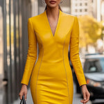 Sophisticated Black Faux Leather Bodycon Midi Dress - yellow