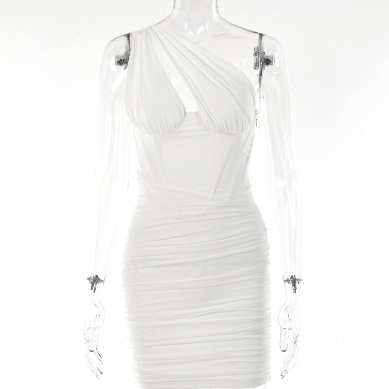 Pleated Elegant Party Mini Dress - white