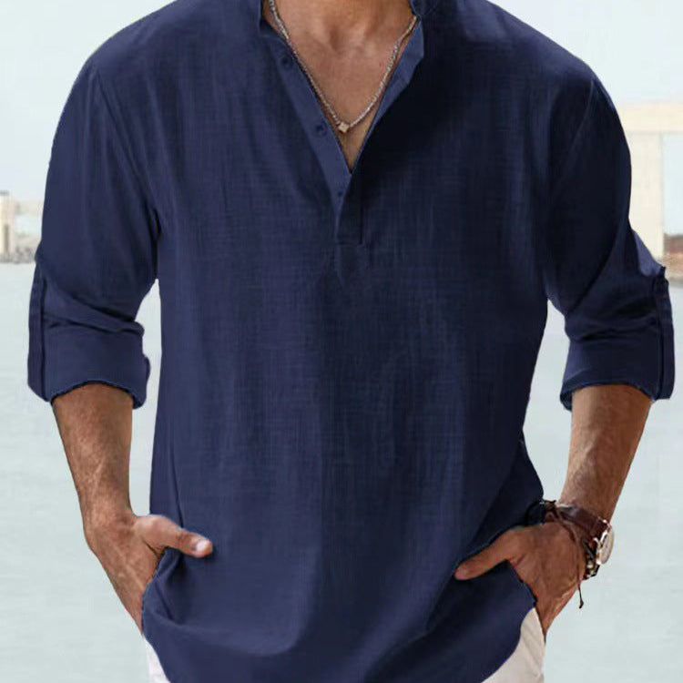Casual Cotton Linen Shirt - navy blue