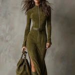 Temperament Split Long-sleeved Maxi Dresses - green