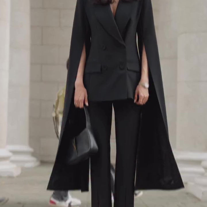 Black Cape Blazer Suit With Cropped Pants Set