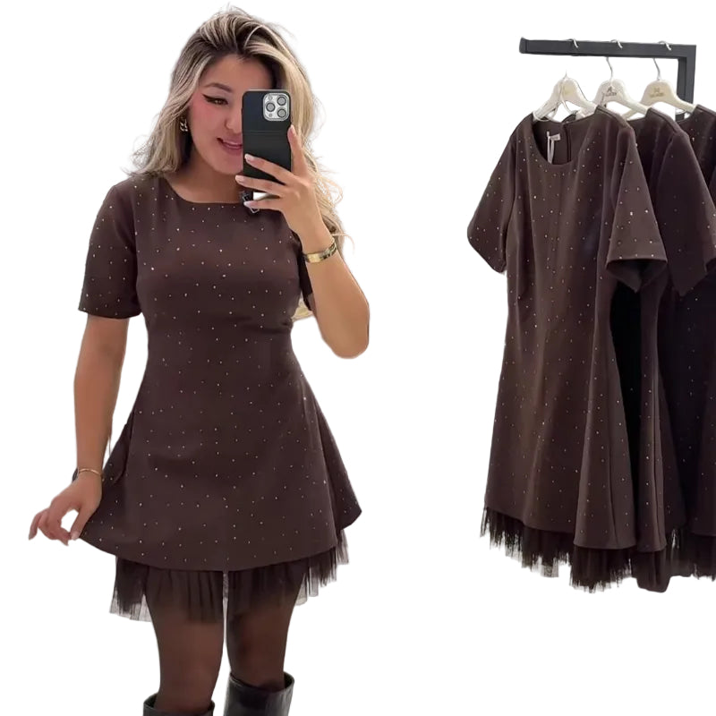Embellished Short Sleeve Mesh-Hem Mini Dress - row