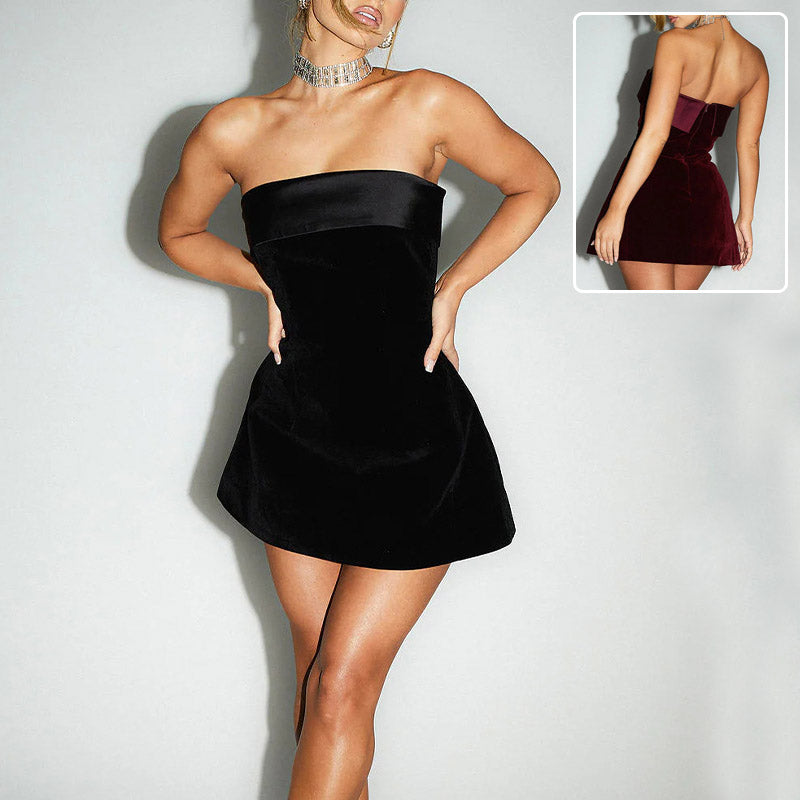 Strapless Contrast-Band A-Line Mini Dress - black