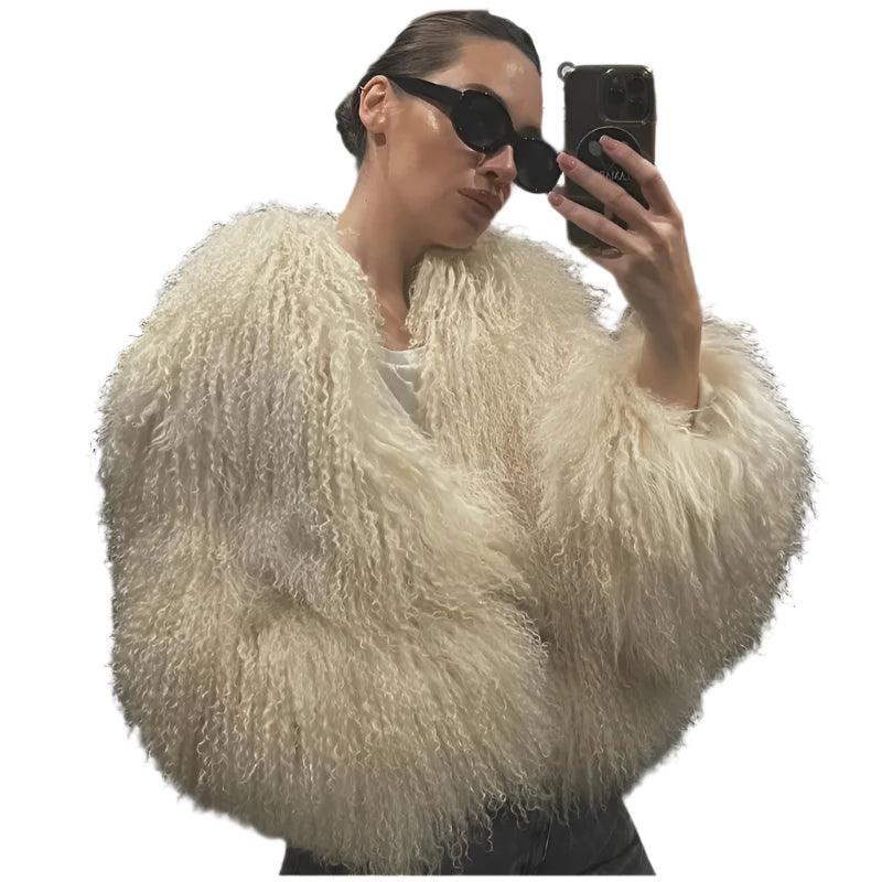 Synthetic Fur Round Neck Long Sleeved Jacket