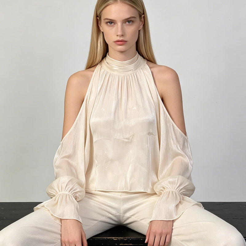 Apricot Cream Satin Cold-Shoulder High-Halter Billowy Sleeve Ruffled-Cuff Asymmetric Blouse