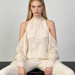 Apricot Cream Satin Cold-Shoulder High-Halter Billowy Sleeve Ruffled-Cuff Asymmetric Blouse
