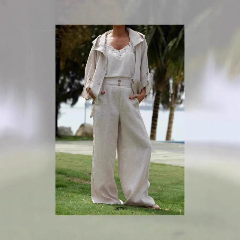 Chic Ladies Linen Hooded Casual Suit - white