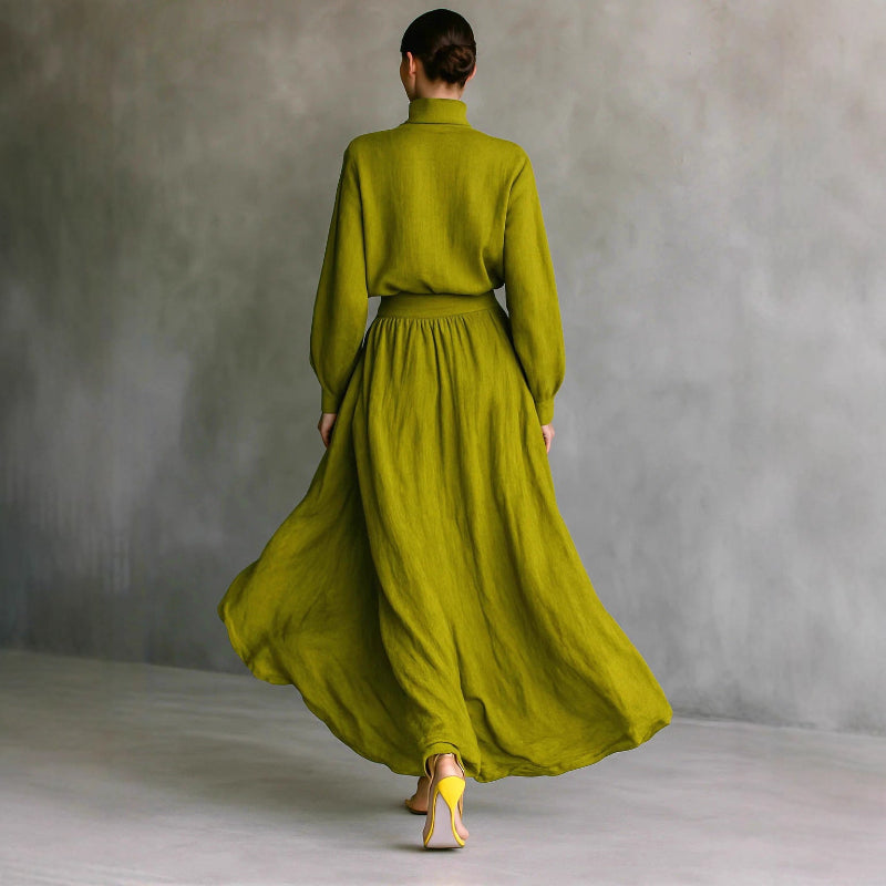 The Ultimate Set: Long Sleeve High Neck Top & Pleated Pocket Dress! - green