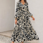 Smocked Printed Tie Neck Long Sleeve Dress -runwayfashionista.com