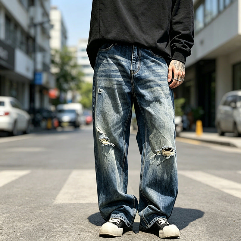 Men's Heavy-Distressed Washed Ripped Baggy Wide-Leg Streetwear Denim Jeans