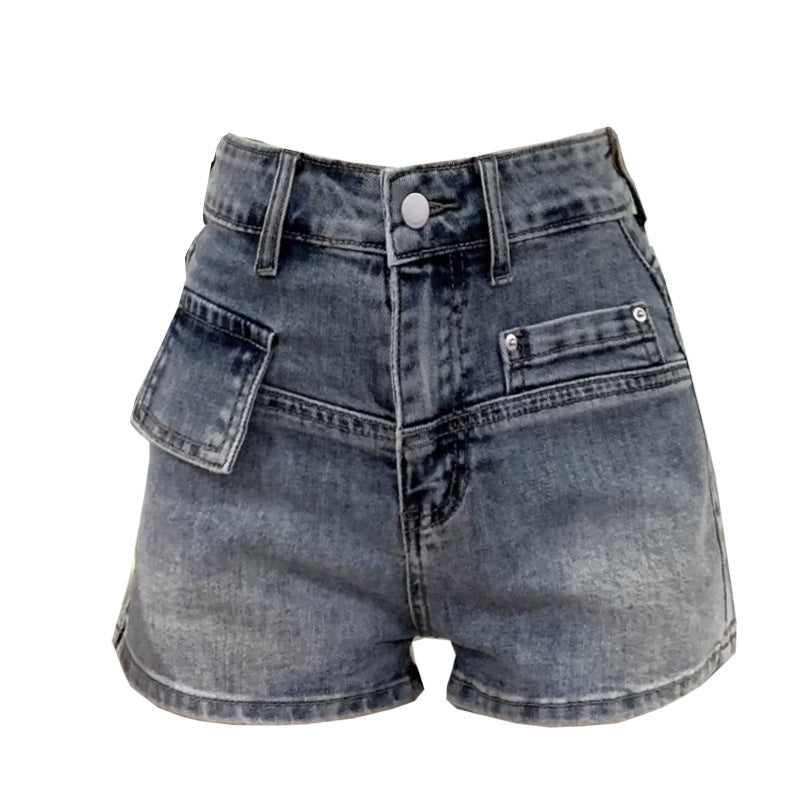 Retro High-Waist Loose Denim Shorts - blue