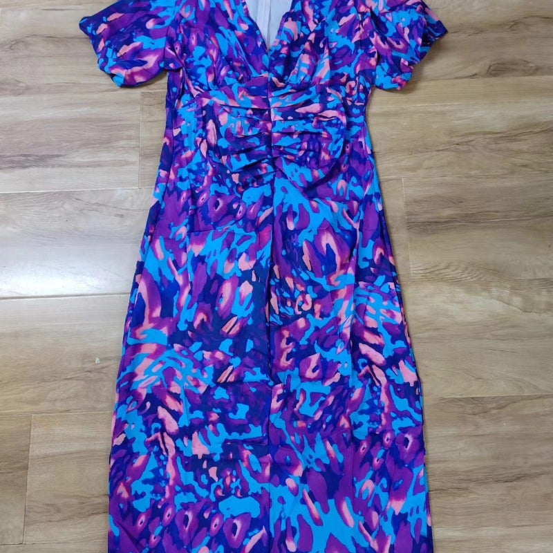 Puffed Short Sleeve Midi Dress - blue