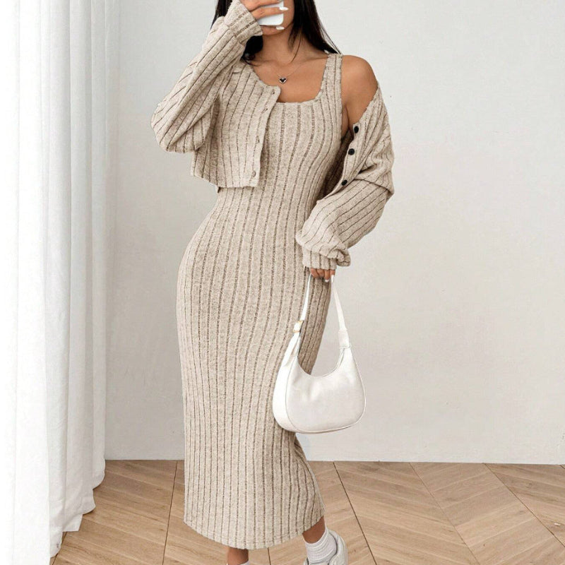 Ribbed Knit Dress and Cropped Cardigan Set - apricot