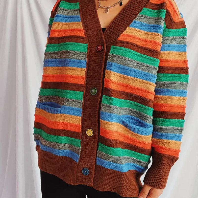 Contrast Stripes Button Up Long Sleeve Cardiganrunwayfashonista.com