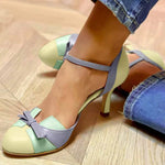 Colour-Block Bow Ankle-Strap Heels - blue